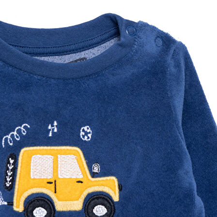 HelloBaby Erkek Bebek Kadife Pijama Takımı Bisiklet Yaka Uzun Kol Ribanalı Paça