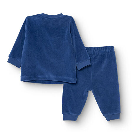 HelloBaby Erkek Bebek Kadife Pijama Takımı Bisiklet Yaka Uzun Kol Ribanalı Paça