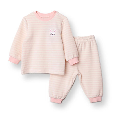 HelloBaby Kız Bebek Kadife Pijama Takımı Kadife Bisiklet Yaka Uzun Kol Ribanalı Paça