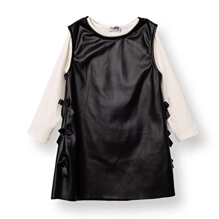 HelloBaby Kız Bebek Chic Elbise Tshirt Suni Deri Bisiklet Yaka Uzun Kol