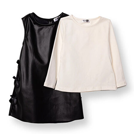 HelloBaby Kız Bebek Chic Elbise Tshirt Suni Deri Bisiklet Yaka Uzun Kol