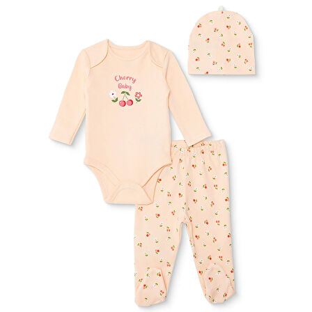 HelloBaby Kız Bebek Yenidoğan Body-Patikli Alt-Şapka İnterlok Bisiklet Yaka Uzun Kol Patikli Paça