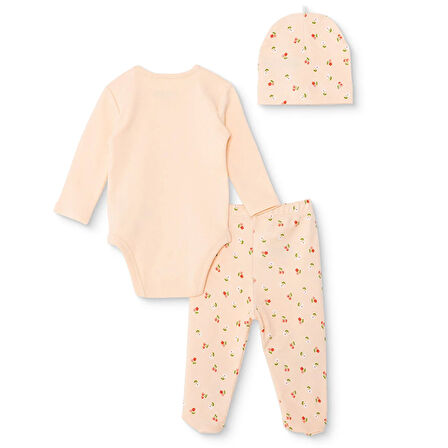 HelloBaby Kız Bebek Yenidoğan Body-Patikli Alt-Şapka İnterlok Bisiklet Yaka Uzun Kol Patikli Paça