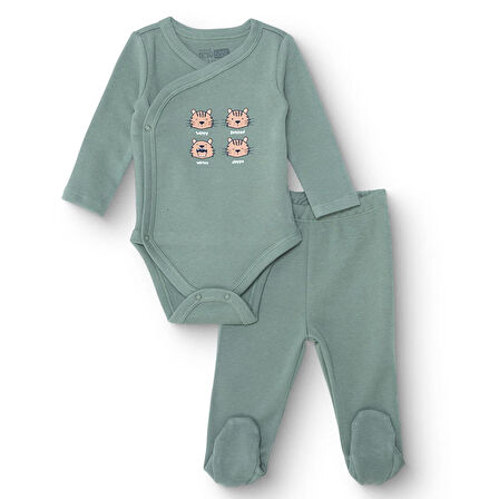 HelloBaby Erkek Bebek Yenidoğan Zıbın Body-Patikli Alt İnterlok Zarf Yaka Uzun Kol Patikli Paça