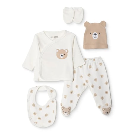 HelloBaby Erkek Bebek 5li Hastane Çıkışı Hayvan Baskılı Çıtçıtlı Zarf Yaka Long Sleeve Patikli