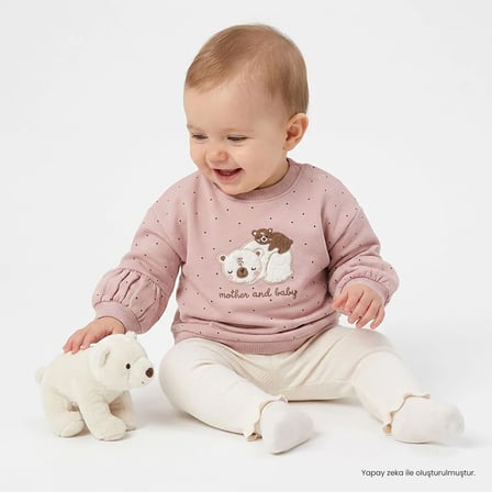Bebetto Kız Bebek Sweatshirt-Alt Hayvan Baskılı Bisiklet Yaka Uzun Kol Patiksiz