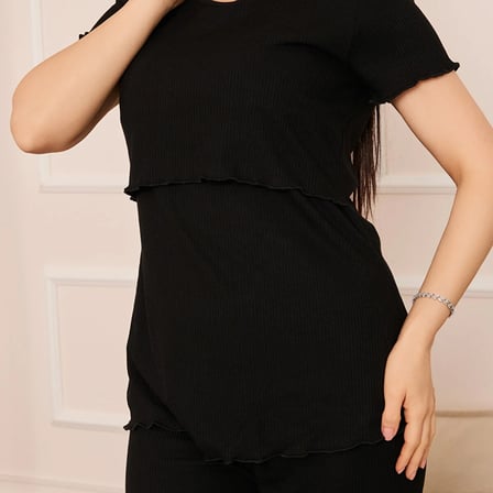 baby mom Anne Hamile Pijama Takımı Bisiklet Yaka Kısa Kol Reçme Paça