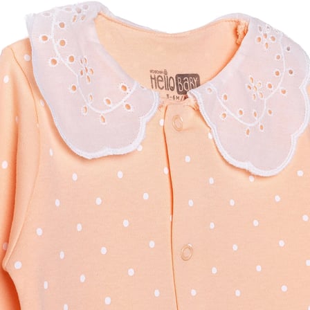 HelloBaby Kız Bebek Tulum Puantiye Baskılı Çıtçıtlı Dantel Yaka Uzun Kol Patikli