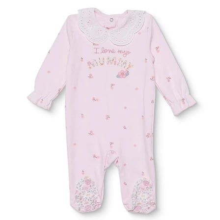 HelloBaby Kız Bebek Tulum Çiçek Baskılı Çıtçıtlı Dantel Yaka Uzun Kol Patikli