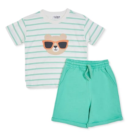 HelloBaby Erkek Bebek Tişört-Şort Ayı Baskılı Bağcıklı Bisiklet Yaka Short Sleeve Reçme