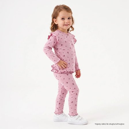 HelloBaby Kız Bebek Sweatshirt-Alt Çiçek Baskılı Bebe Yaka Uzun Kol Patiksiz