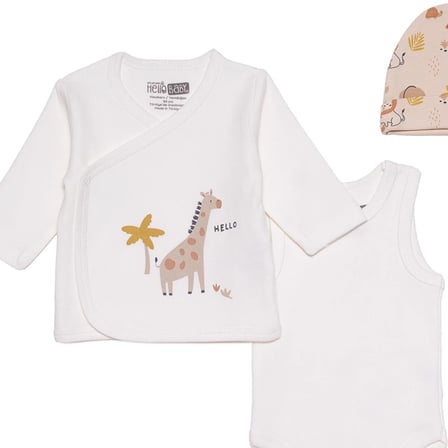 HelloBaby Erkek Bebek 10lu Hastane Çıkışı Hayvan Baskılı Çıtçıtlı Zarf Yaka Uzun Kol Patikli