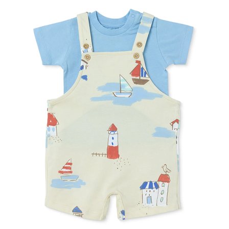 HelloBaby Erkek Bebek Şort Salopet-Tshirt Marin Baskılı Düğmeli Bisiklet Yaka Kısa Kol Patiksiz