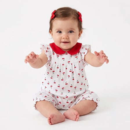 HelloBaby Kız Bebek Kısa Tulum Kiraz Baskılı Çıtçıtlı Bebe Yaka Kısa Kol Lastikli