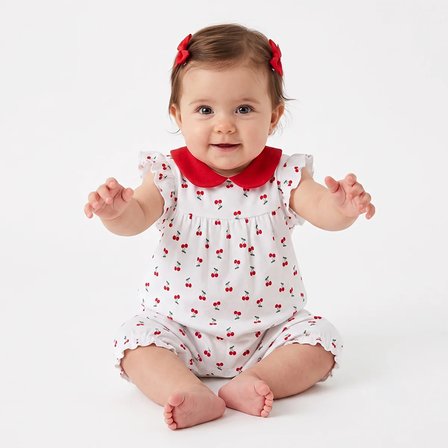 HelloBaby Kız Bebek Kısa Tulum Kiraz Baskılı Çıtçıtlı Bebe Yaka Kısa Kol Lastikli