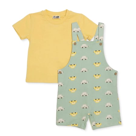 HelloBaby Erkek Bebek Şort Salopet-Tshirt Araba Baskılı Düğmeli Bisiklet Yaka Kısa Kol Reçme