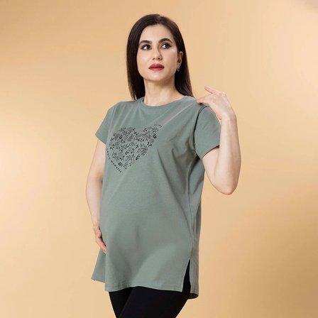baby mom Anne Hamile Tişört Kalp Baskılı Bisiklet Yaka Short Sleeve
