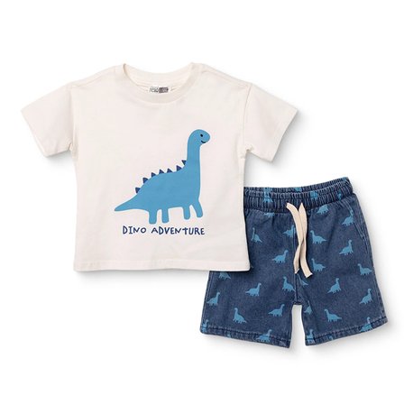 HelloBaby Erkek Bebek Tişört-Şort Dinozor Baskılı Bağcıklı Bisiklet Yaka Kısa Kol Reçme