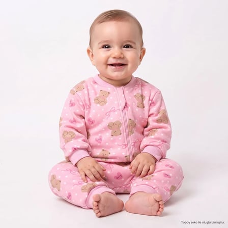 HelloBaby Kız Bebek Uyku Tulumu 1 TOG Ayı Baskılı Bisiklet Yaka Fermuarlı Uzun Kol Uzun Paça