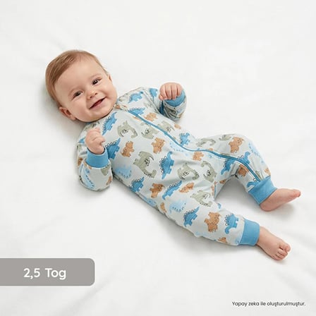 HelloBaby Erkek Bebek Uyku Tulumu Dinozor Baskılı Fermuarlı Bisiklet Yaka Uzun Kol Ribanalı