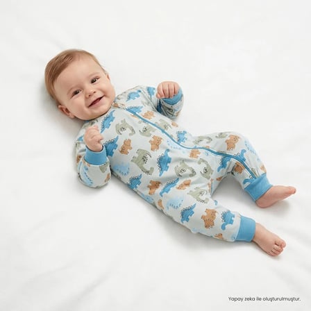 HelloBaby Erkek Bebek Uyku Tulumu Dinozor Baskılı Fermuarlı Bisiklet Yaka Uzun Kol Ribanalı