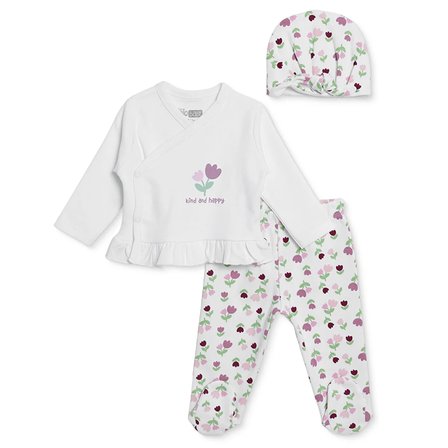 HelloBaby Kız Bebek Zıbın-Şapka-Alt Çiçek Baskılı Çıtçıtlı V Yaka Long Sleeve Patikli