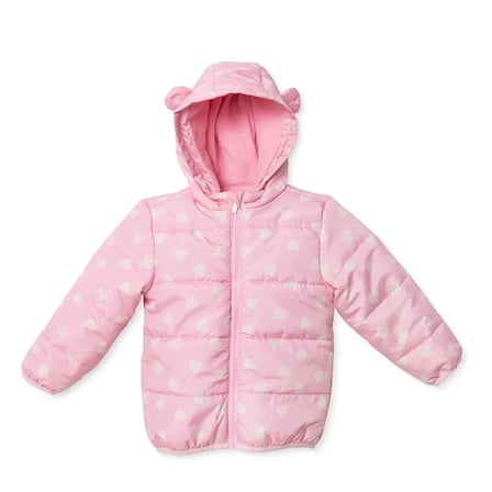 HelloBaby Kız Bebek Mont Kalp Baskılı Fermuarlı Kapüşonlu Uzun Kol