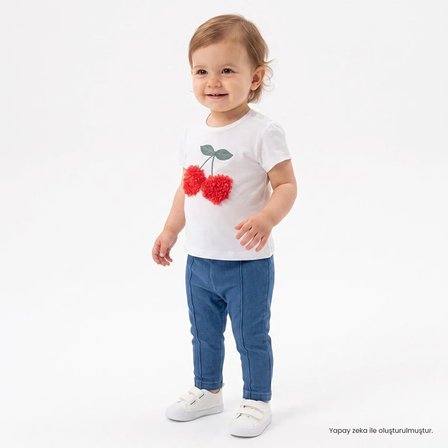 HelloBaby Kız Bebek Tişört-Tayt Kiraz Baskılı Çıtçıtlı Bisiklet Yaka Kısa Kol Patiksiz