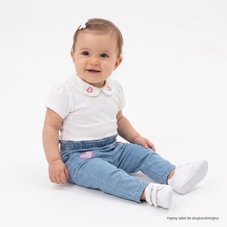 HelloBaby Kız Bebek Tişört-Pantolon Kalp Baskılı Çıtçıtlı Bisiklet Yaka Kısa Kol Patiksiz