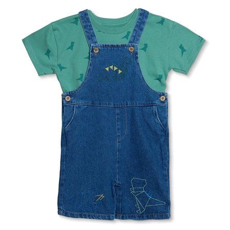 Mothercare Erkek Bebek Şort Salopet-Tshirt Dinozor Baskılı Düğmeli Bisiklet Yaka Kısa Kol Reçme
