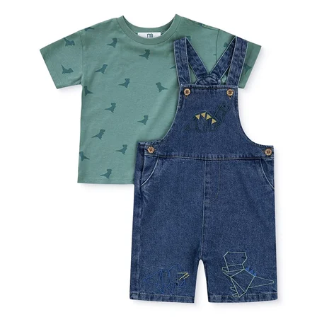 Mothercare Erkek Bebek Şort Salopet-Tshirt Dinozor Baskılı Düğmeli Bisiklet Yaka Kısa Kol Reçme