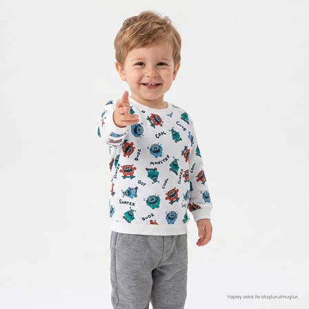 HelloBaby Erkek Bebek Sweatshirt Canavar Baskılı Bisiklet Yaka Uzun Kol