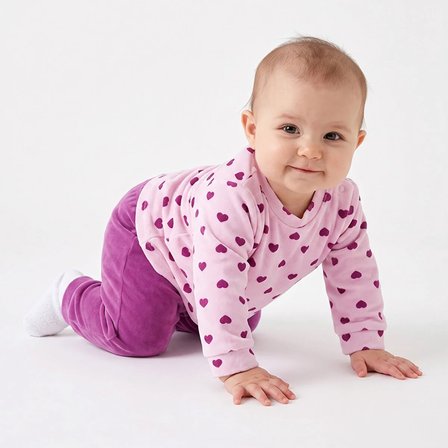 HelloBaby Kız Bebek Kadife Sweatshirt-Alt Kalp Baskılı Çıtçıtlı Bisiklet Yaka Uzun Kol Patiksiz