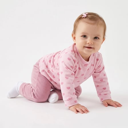 HelloBaby Kız Bebek Kadife Sweatshirt-Alt Kalp Baskılı Çıtçıtlı Bisiklet Yaka Uzun Kol Patiksiz