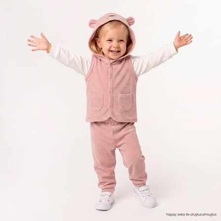 HelloBaby Kız Bebek Sweatshirt-Yelek-Alt Ayı Baskılı Çıtçıtlı Kapüşonlu Uzun Kol Patiksiz