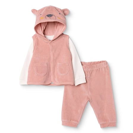 HelloBaby Kız Bebek Sweatshirt-Yelek-Alt Ayı Baskılı Çıtçıtlı Kapüşonlu Uzun Kol Patiksiz