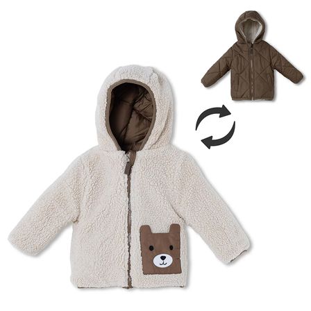 Midimod Erkek Bebek Mont Ayı Baskılı Fermuarlı Kapüşonlu Long Sleeve