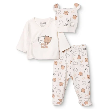 HelloBaby Erkek Bebek Zıbın-Şapka-Alt Hayvan Baskılı Çıtçıtlı V Yaka Uzun Kol Patikli