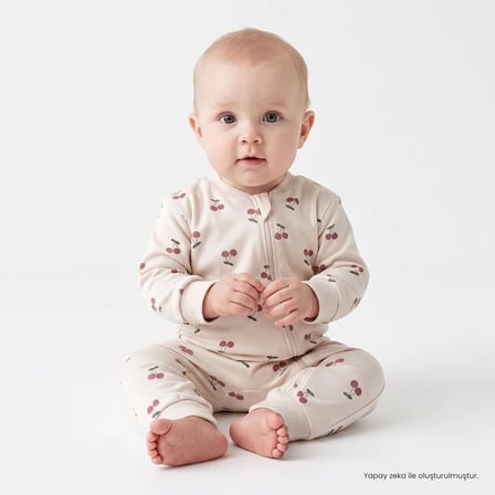 HelloBaby Kız Bebek Uyku Tulumu Kiraz Baskılı Fermuarlı Bisiklet Yaka Uzun Kol Ribanalı