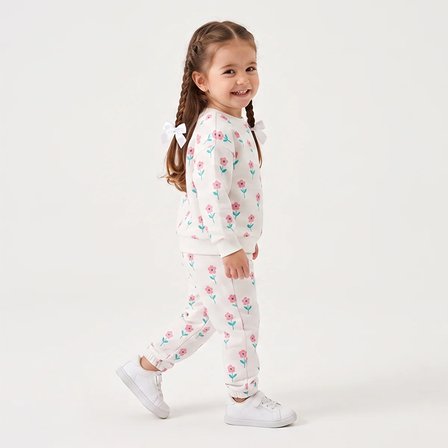 HelloBaby Kız Bebek Eşofman Takımı Çiçek Baskılı Bisiklet Yaka Uzun Kol Lastikli