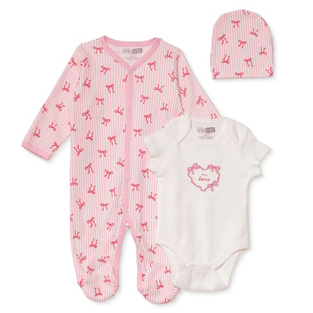 HelloBaby Kız Bebek Tulum-Body-Şapka Fiyonk Baskılı Çıtçıtlı Bisiklet Yaka Uzun Kol Patikli