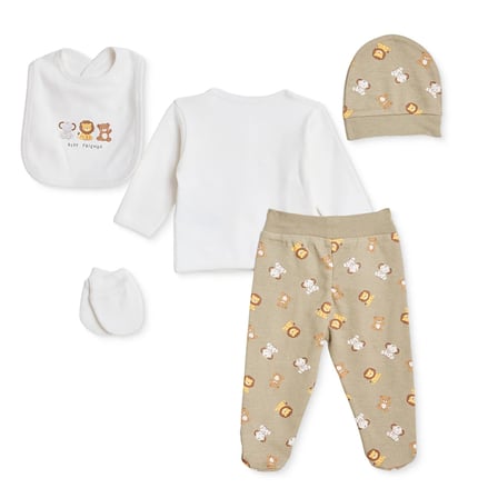 HelloBaby Erkek Bebek 5li Hastane Çıkışı Hayvan Baskılı Çıtçıtlı Bisiklet Yaka Uzun Kol Patikli