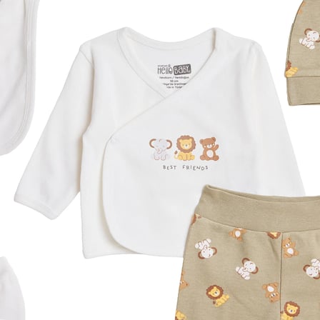 HelloBaby Erkek Bebek 5li Hastane Çıkışı Hayvan Baskılı Çıtçıtlı Bisiklet Yaka Uzun Kol Patikli