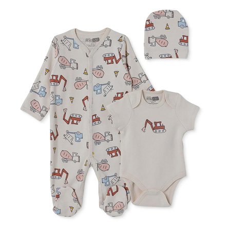 HelloBaby Erkek Bebek Tulum-Body-Şapka İş Makinası Baskılı Çıtçıtlı Bisiklet Yaka Uzun Kol Patikli