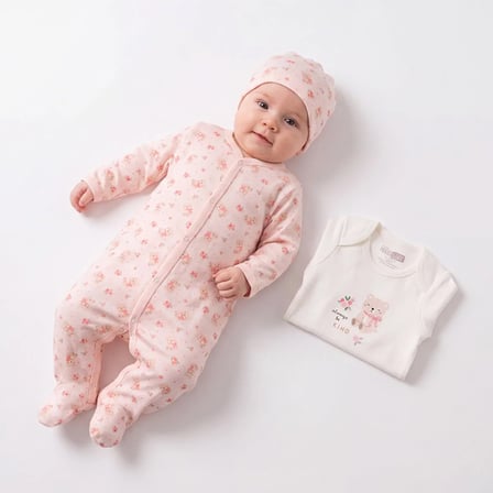 HelloBaby Kız Bebek Tulum-Body-Şapka Hayvan Baskılı Çıtçıtlı Bisiklet Yaka Uzun Kol Patikli