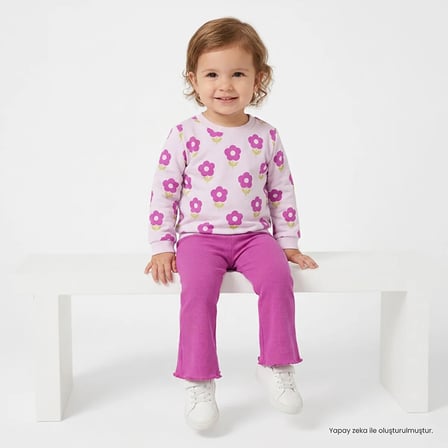 HelloBaby Kız Bebek Sweatshirt-Tayt Çiçek Baskılı Bisiklet Yaka Uzun Kol Reçme