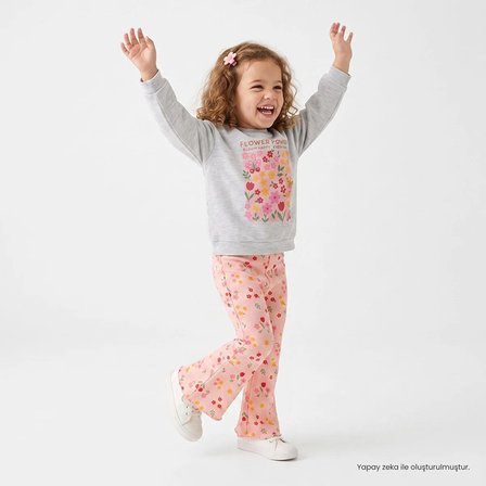 HelloBaby Kız Bebek Sweatshirt-Tayt Çiçek Baskılı Bisiklet Yaka Uzun Kol Reçme