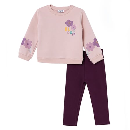 HelloBaby Kız Bebek Sweatshirt-Tayt Çiçek Baskılı Bisiklet Yaka Uzun Kol Reçme