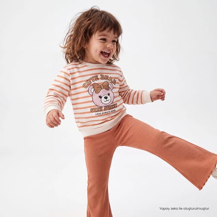 HelloBaby Kız Bebek Sweatshirt-Tayt Ayı Baskılı Bisiklet Yaka Uzun Kol Reçme