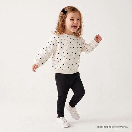 HelloBaby Kız Bebek Sweatshirt-Tayt Kalp Baskılı Bisiklet Yaka Uzun Kol Reçme